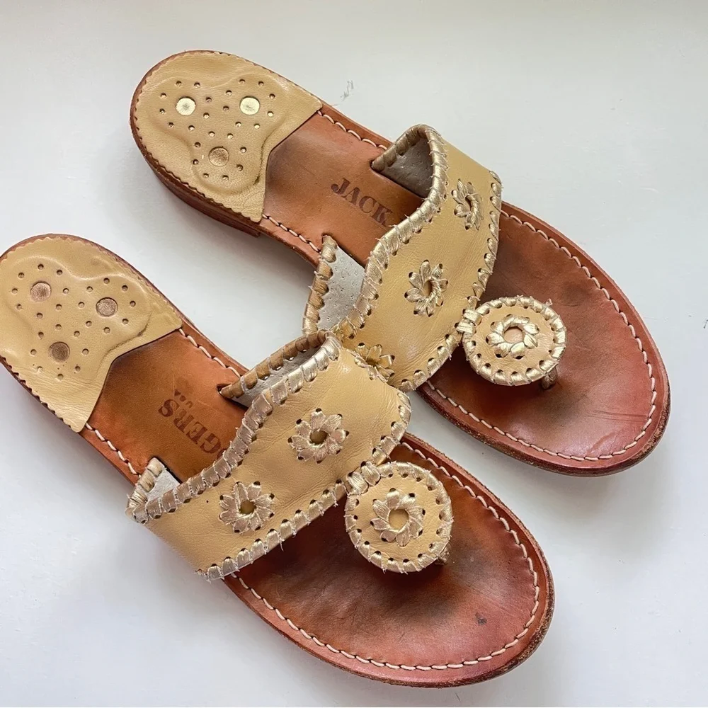 Jack Rogers Gold Tan Medallion Leather Classic Flat Sandals 6
